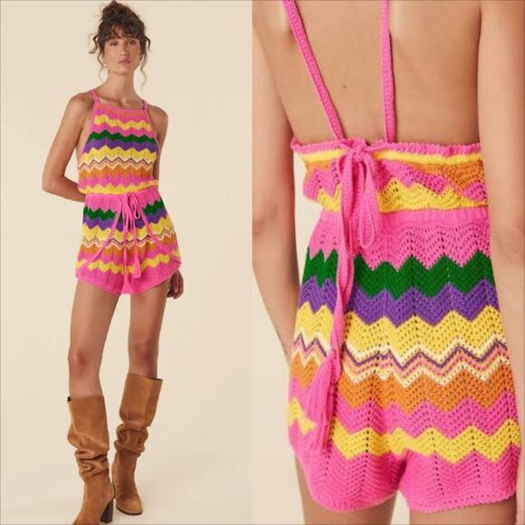 SPELL Ziggy Sleeveless Crochet Romper in Sorbet Stripes Size XL - Picture 2 of 10
